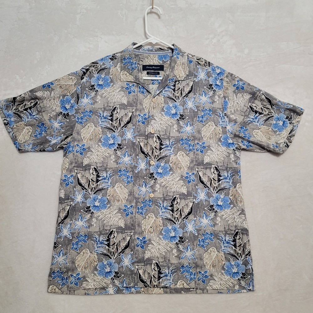 Tommy Bahama Men's Silk Shirt Sz M Blue Hawaiian Floral Camp Button Loop Collar